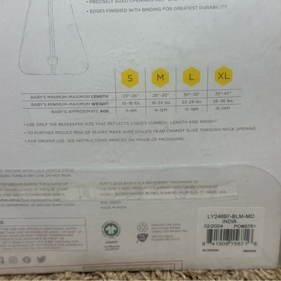 Burt’s Bees Beekeeper Wearable Blanket Pink & White M 6-12 Months 16-24 Lbs NWT - Picture 10 of 12